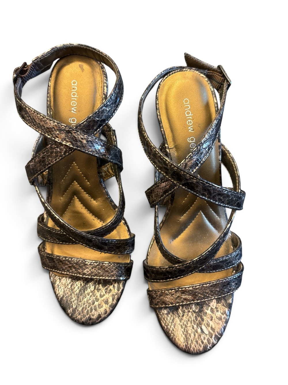 Andrew Geller Metallic Bronze Snake-Print Strappy Sandals 4” Heel 7.5M